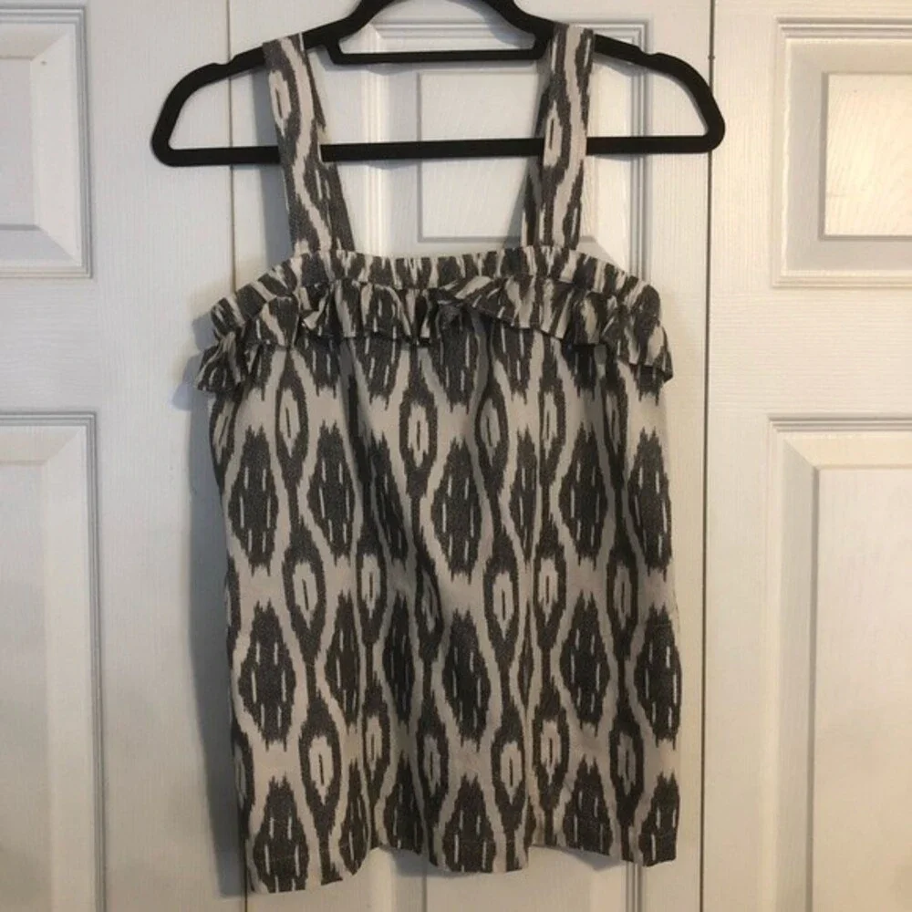 J. CREW Size 0 Beige Gray Ikat Ruffle Flounce Sleeveless Cotton Tank Top Blouse